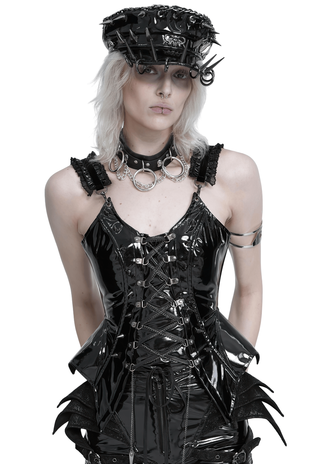 Stylish Gothic Patent Corset Top with Lace-Up Front, black glossy punk bustier with silver hardware and peplum flare