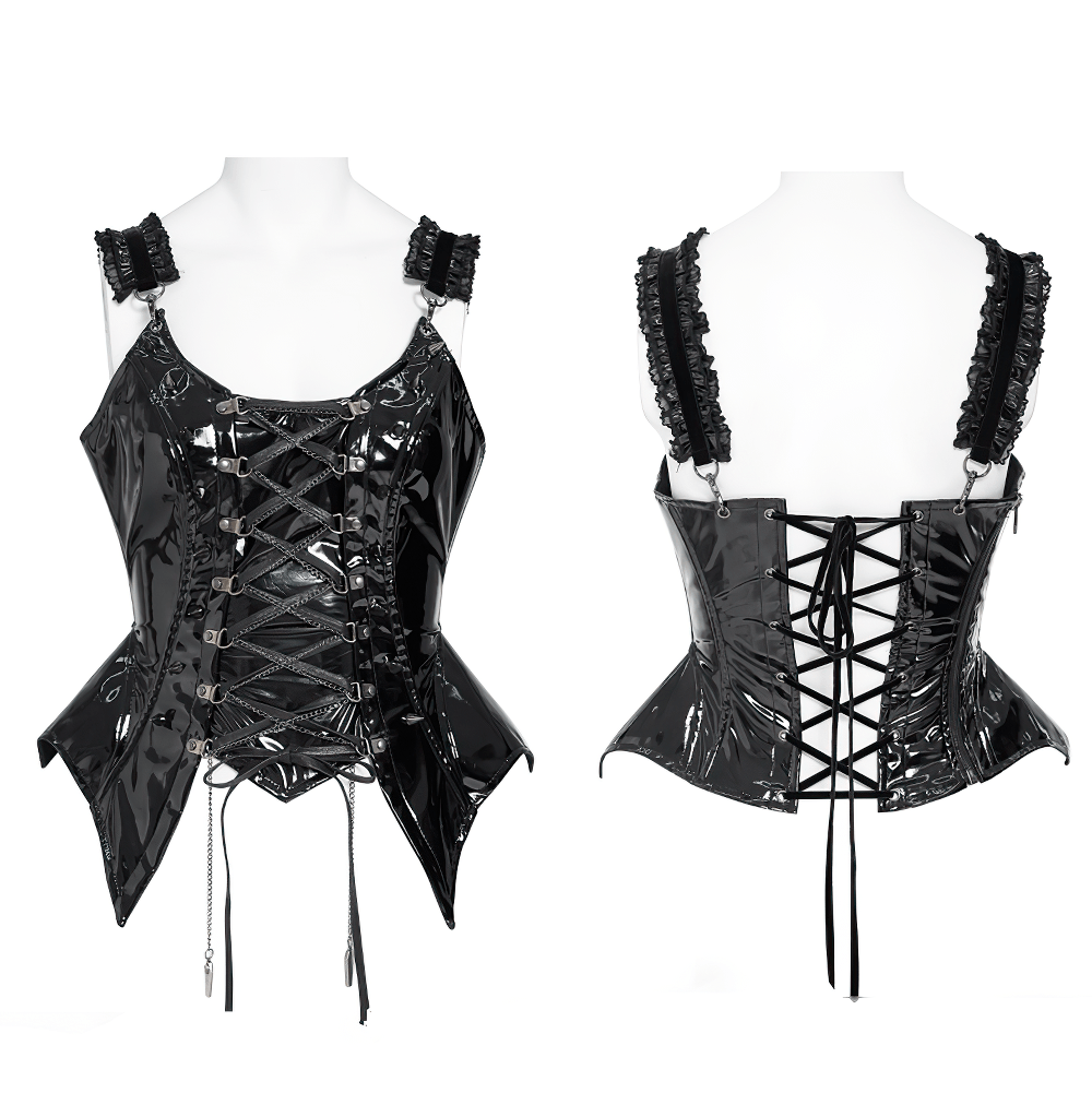 Stylish Gothic Patent Corset Top with Lace-Up Front black punk peplum bustier with ruffled shoulder straps