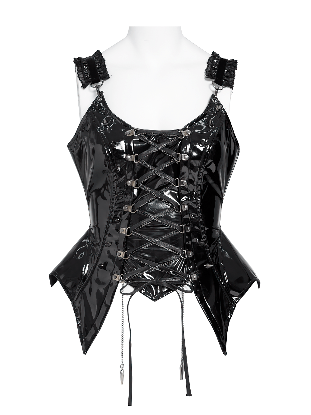 Stylish Gothic Patent Corset Top with Lace-Up Front, glossy black punk bustier with ruffled straps and chain accents