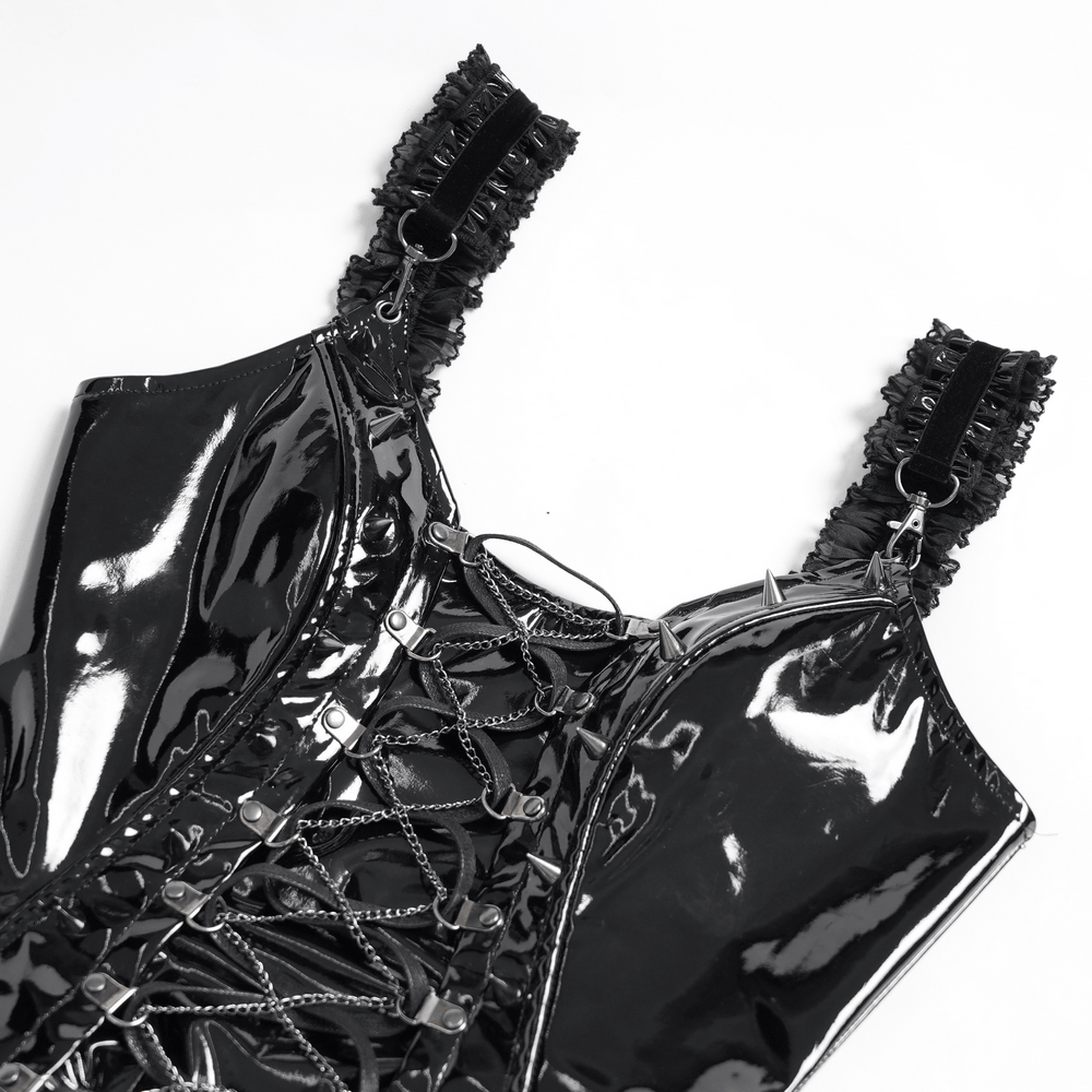 Stylish Gothic Patent Corset Top with Lace-Up Front black patent punk bustier with ruffled straps and chain accents