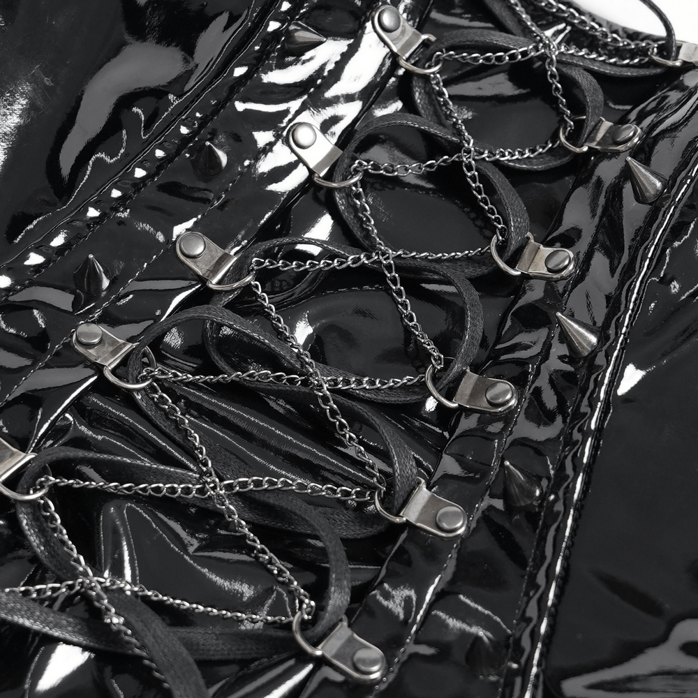 Stylish Gothic Patent Corset Top with Lace-Up Front, black punk peplum bustier with silver chains and hardware