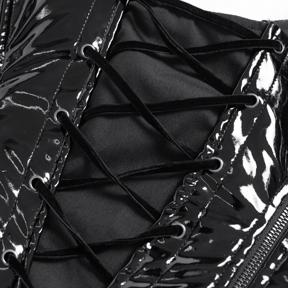 Stylish Gothic Patent Corset Top with Lace-Up Front black glossy patent corset lacing and silver eyelets