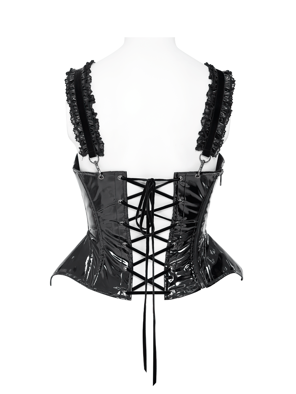 Stylish Gothic Patent Corset Top with Lace-Up Front black patent-look bustier with ruffled straps and peplum flare