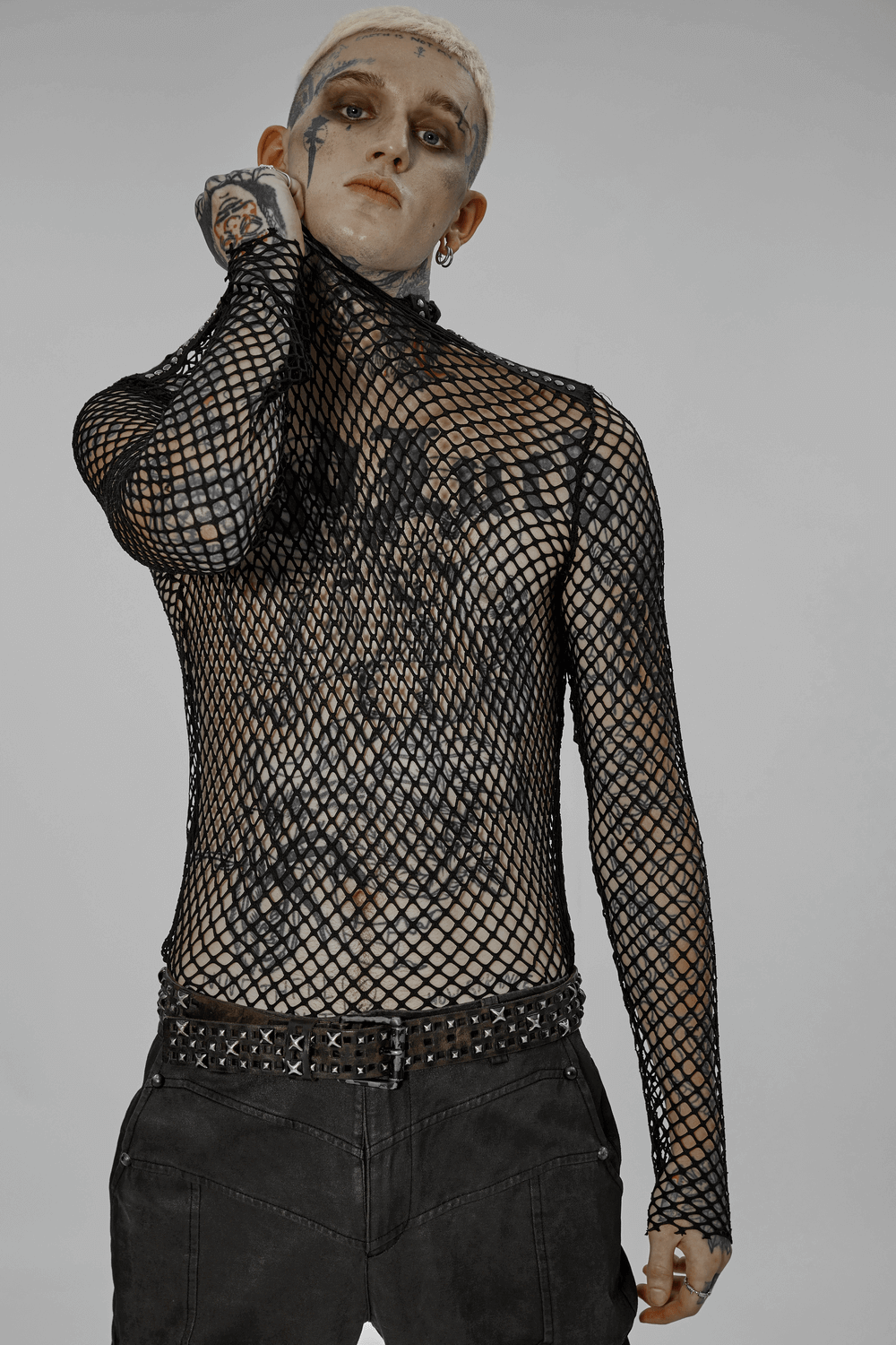 Stylish Gothic Punk Rhombus Mesh Top worn by model, showcasing edgy punk style and tattooed aesthetic.