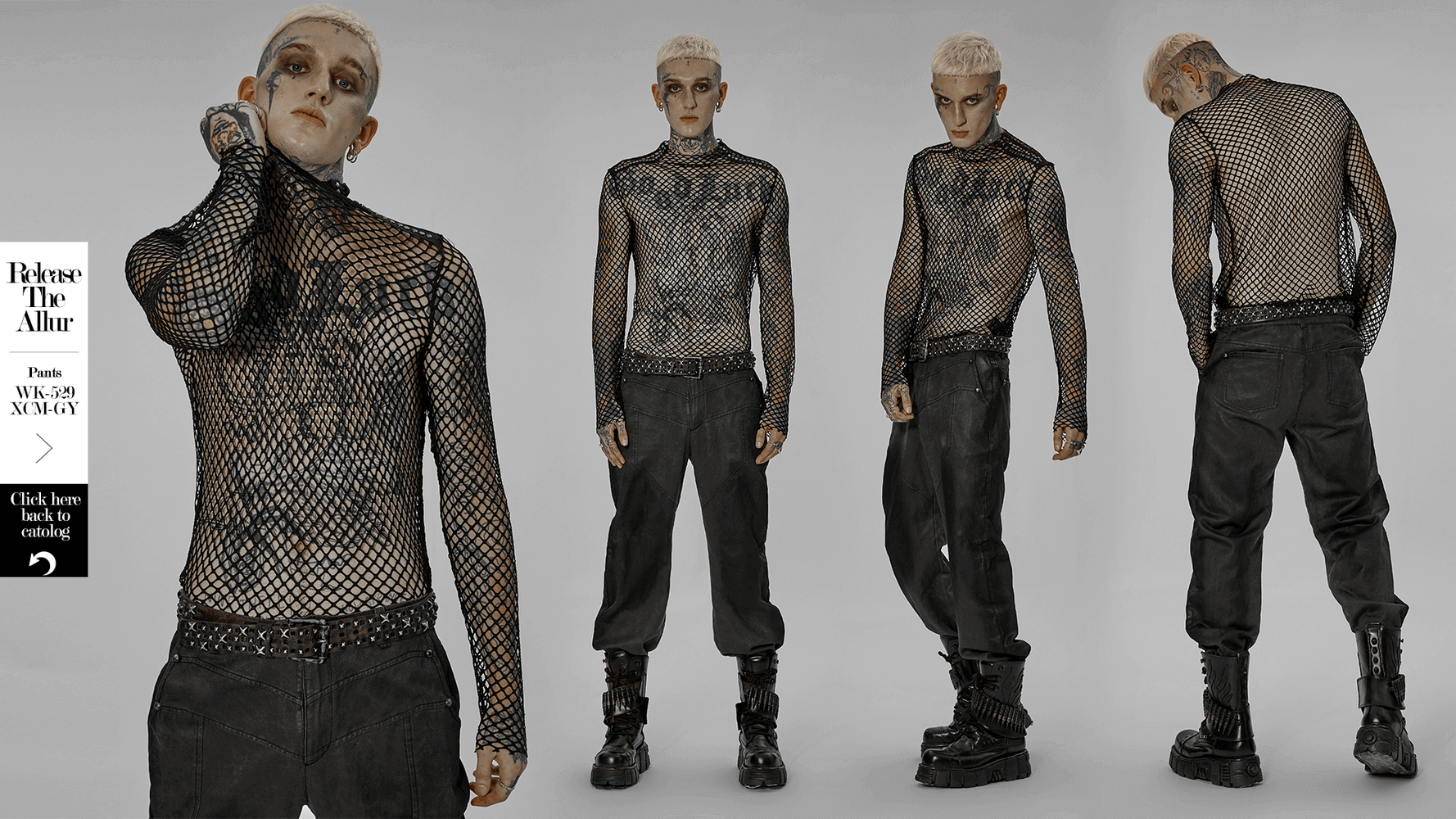 Stylish gothic punk mesh top model showcasing edgy design and unique DIY aesthetic for a bold look.