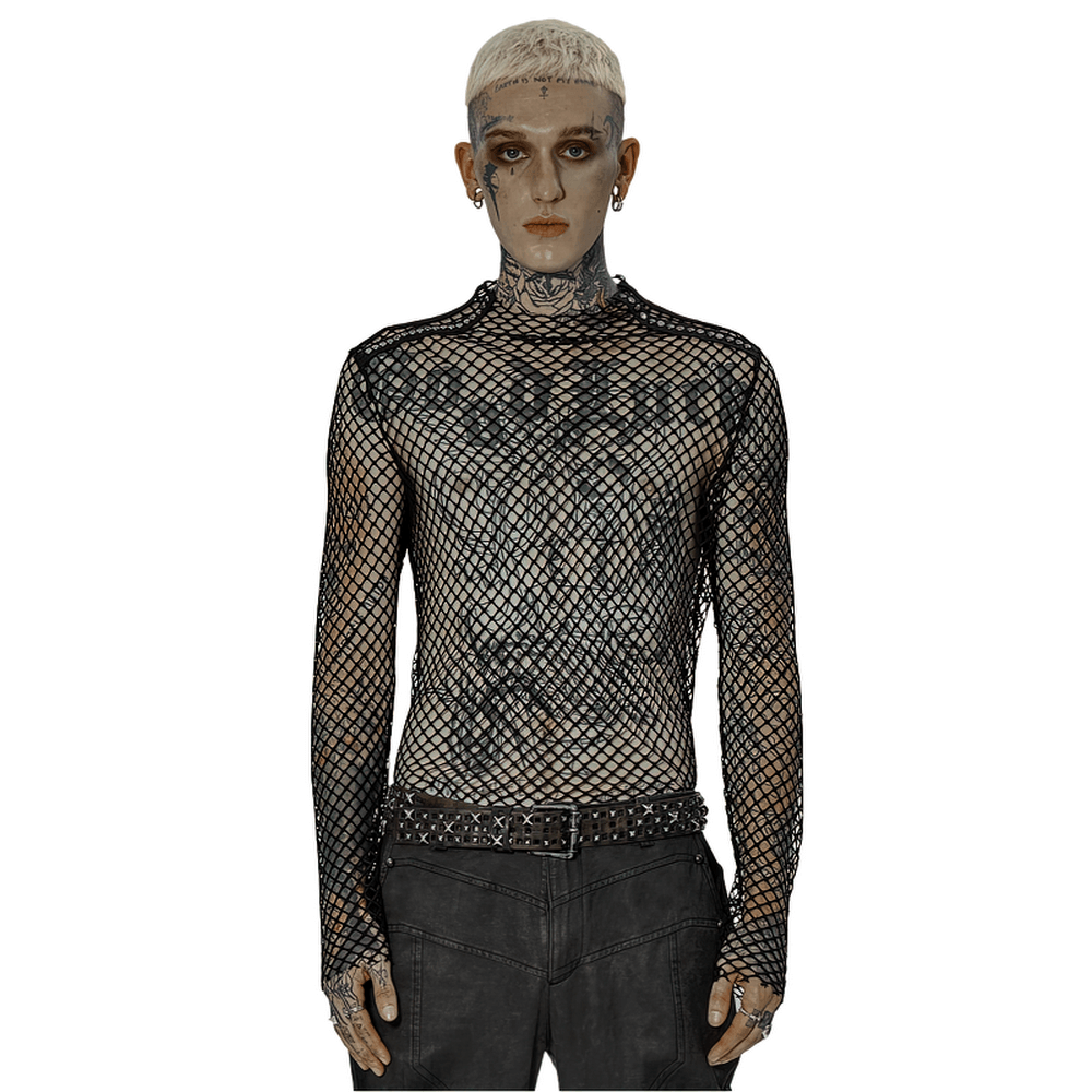 Stylish gothic punk mesh top on model showcasing edgy fishnet design and unique DIY aesthetic.