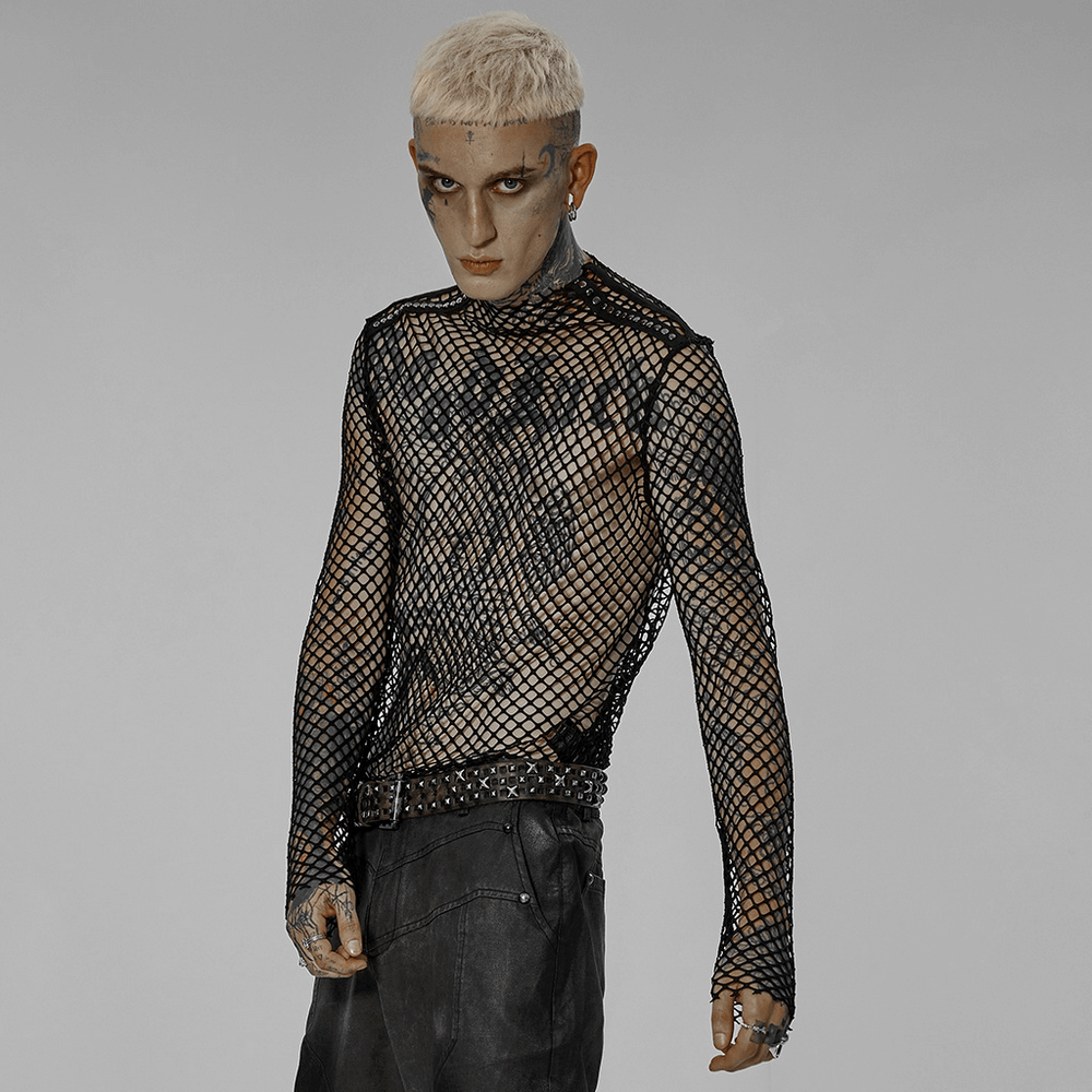 Stylish Gothic Punk mesh top with edgy fishnet design, perfect for concerts and street fashion.