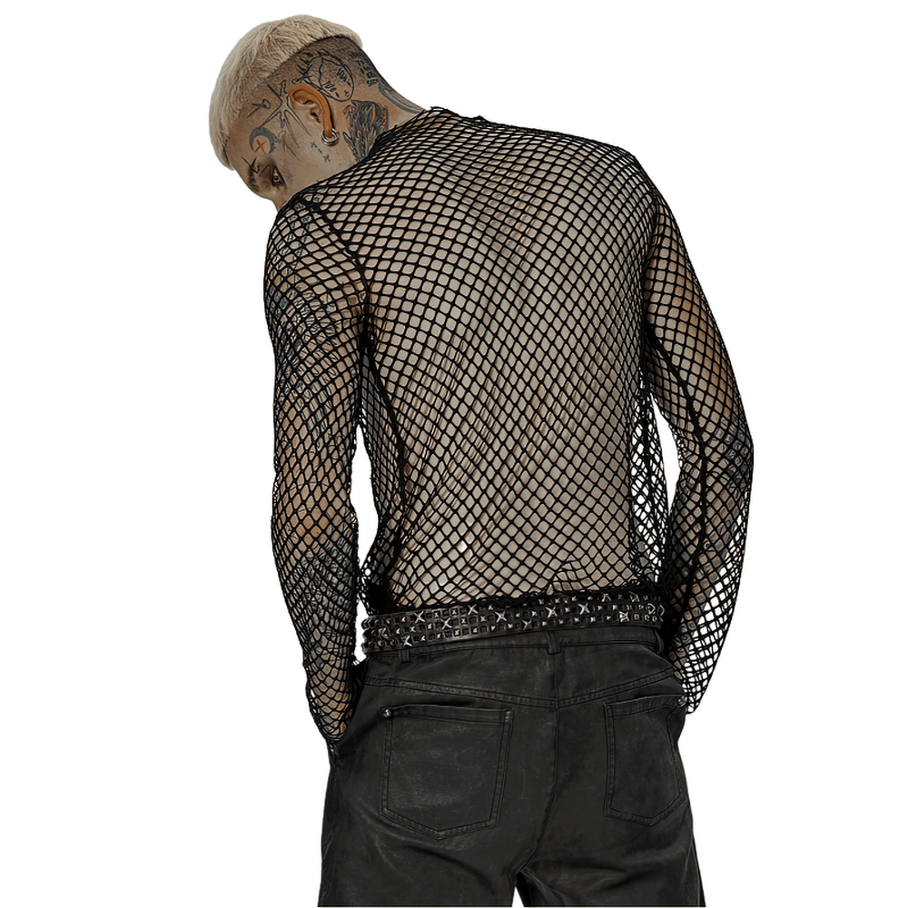 Stylish Gothic punk rhombus mesh top showcasing fishnet design and edgy appeal from the back view.