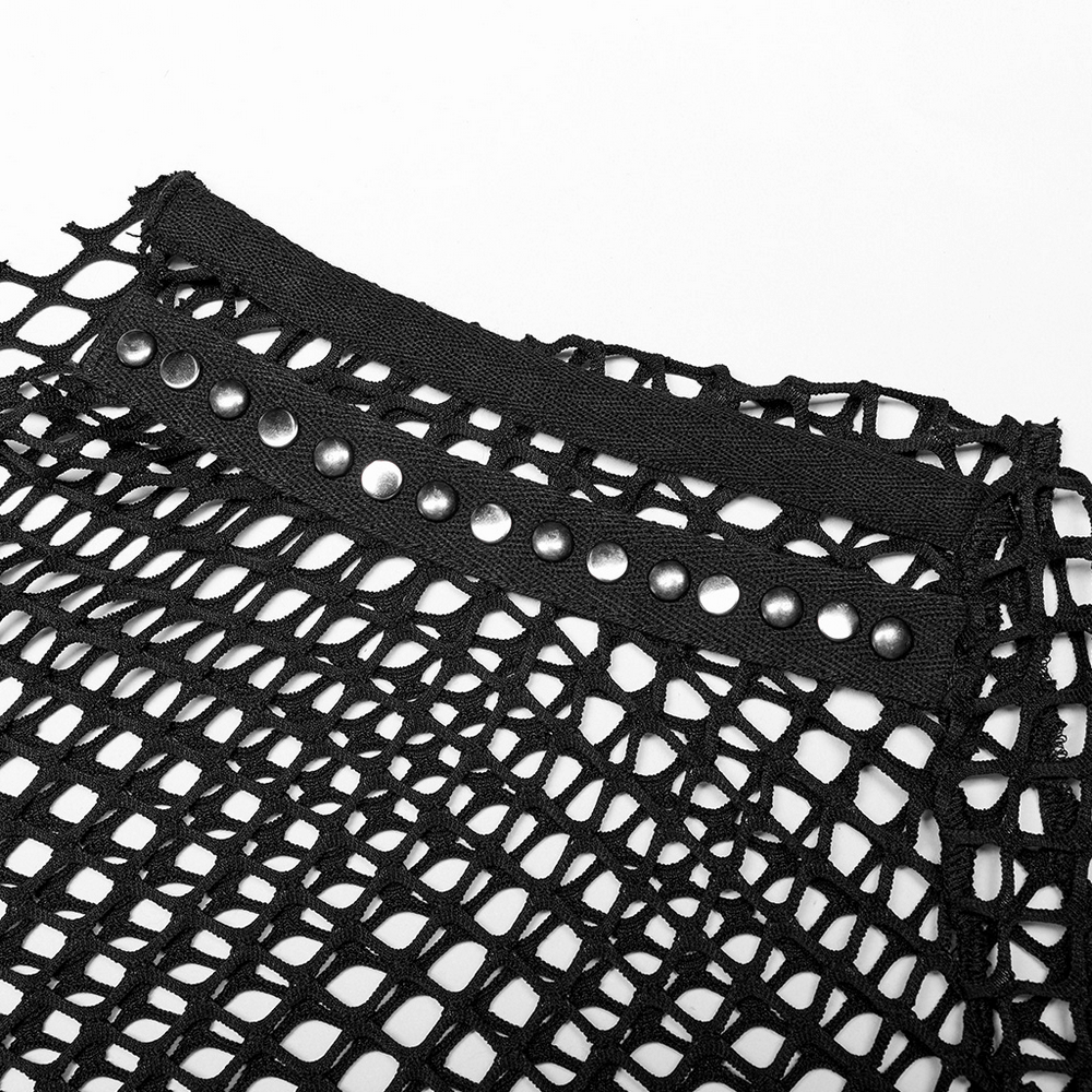 Close-up of a black fishnet mesh top showcasing punk-style webbing and studs for edgy fashion.