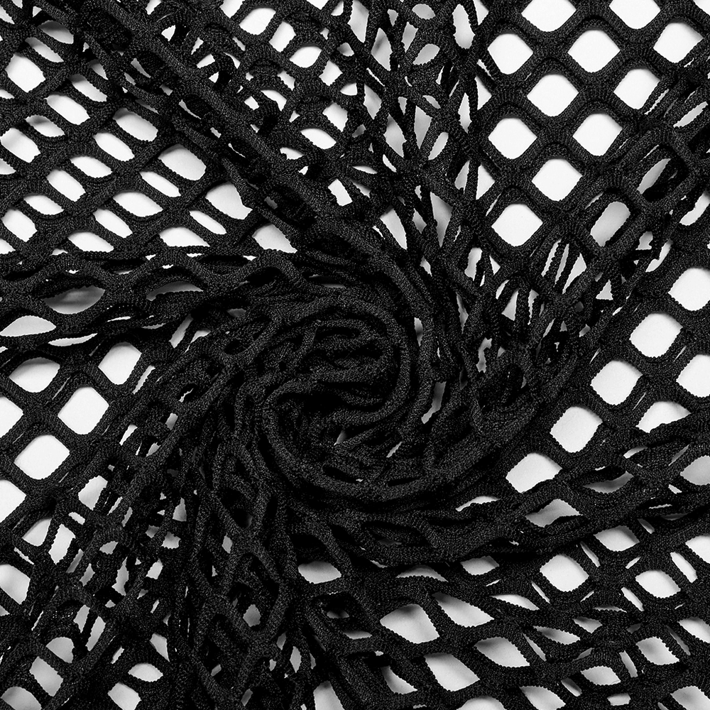 Close-up of black fishnet mesh fabric, showcasing the edgy Gothic punk texture and unique web design.