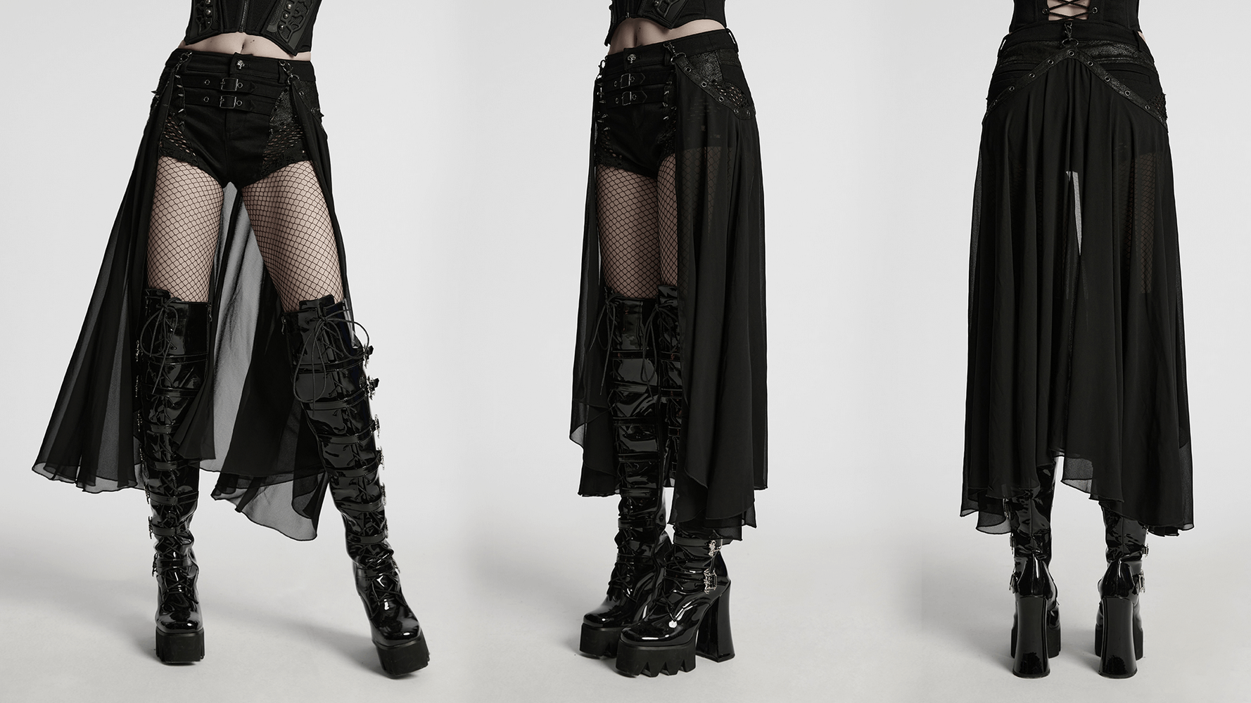 Stylish Gothic shorts with detachable chiffon cape, showcasing a bold black look and fishnet details.