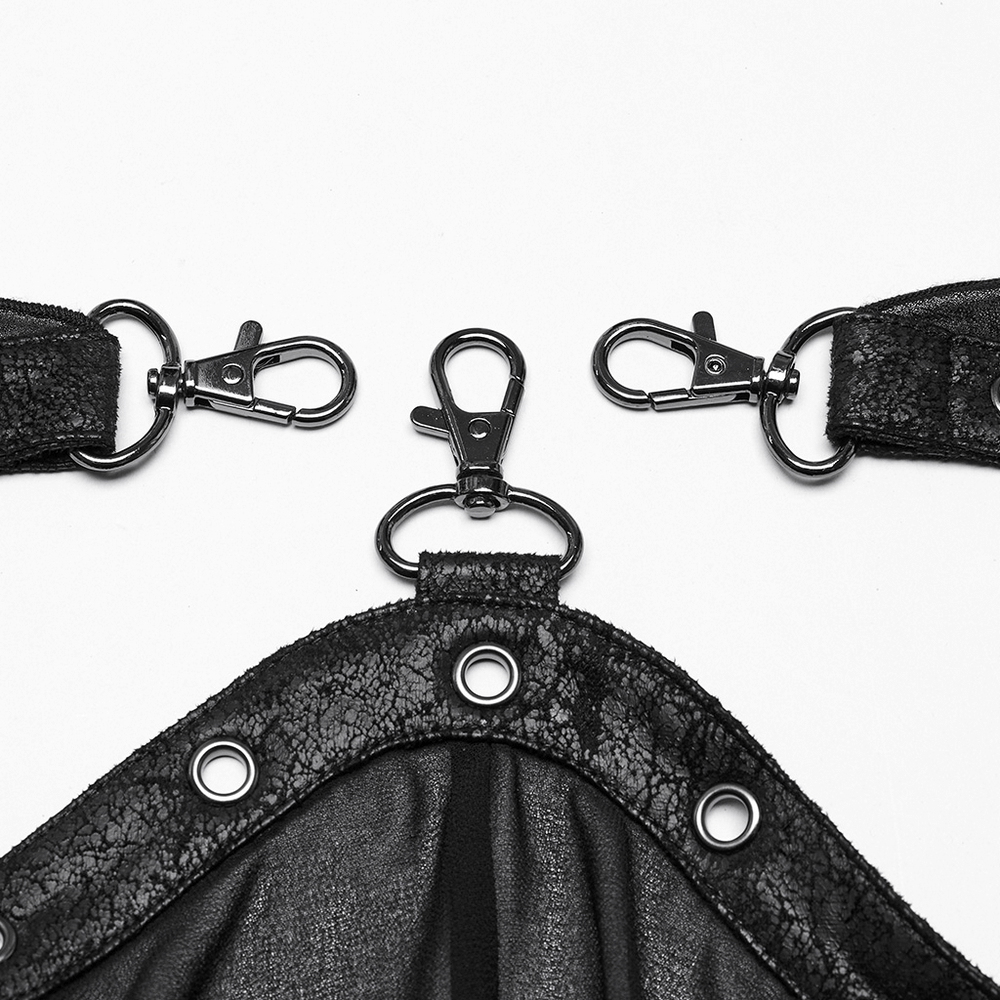 Close-up of the stylish Gothic shorts fastened with detachable clips and grommets, showcasing detailed craftsmanship.