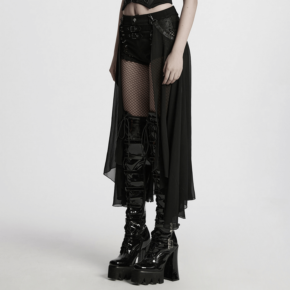 Stylish Gothic shorts with detachable chiffon cape, fishnet stockings, and shiny thigh-high boots.