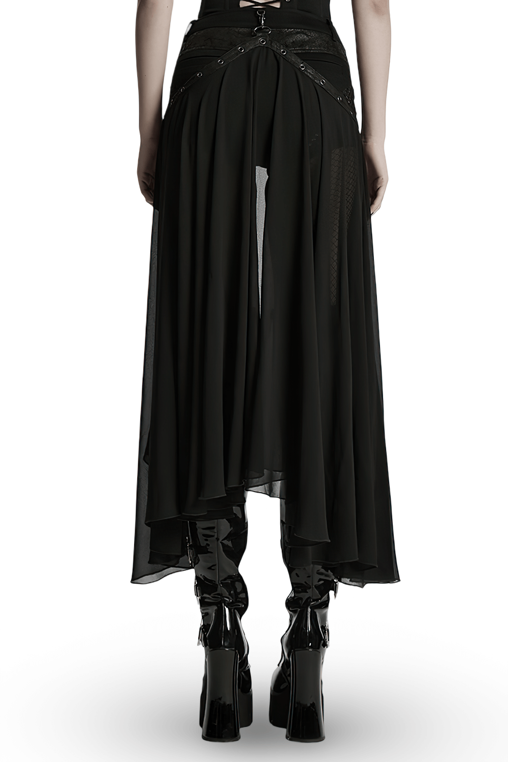 Back view of stylish gothic shorts with detachable chiffon cape and sleek black thigh-high boots.