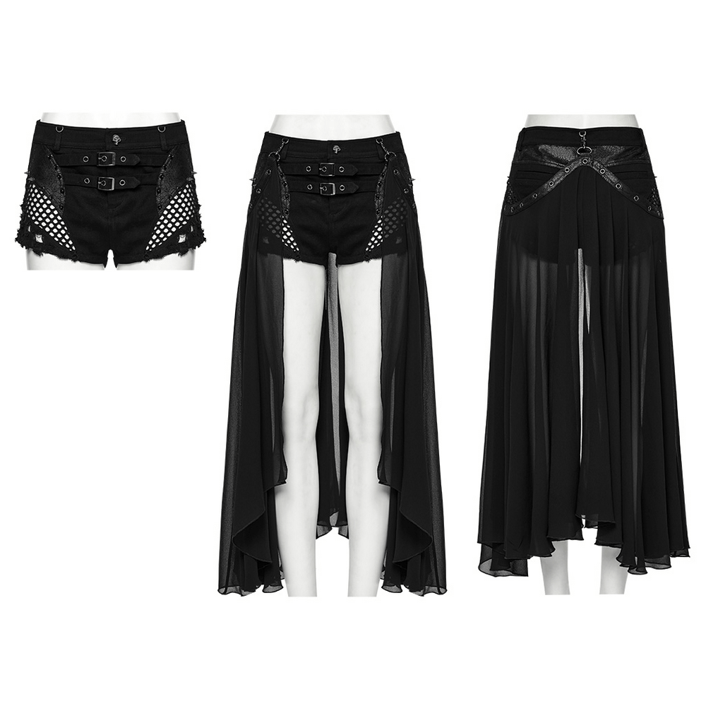 Stylish gothic shorts with detachable chiffon cape showcased from three angles, perfect for bold fashion lovers.
