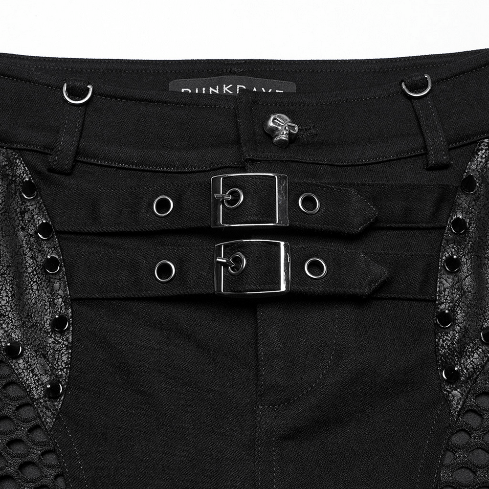 Close-up of stylish gothic shorts featuring double buckle details and mesh accents for a unique edgy look.