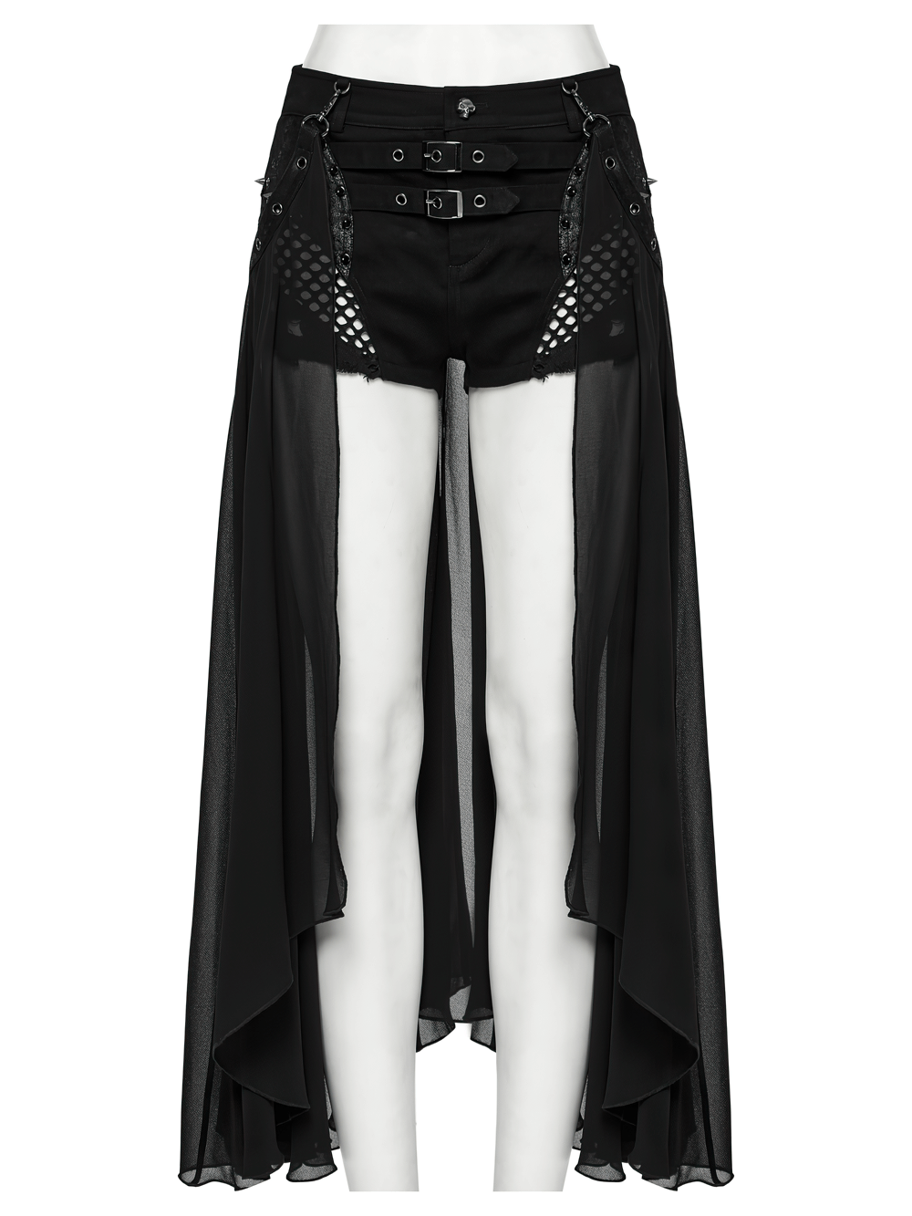 Stylish gothic shorts featuring a detachable chiffon cape for a fashionable and edgy look.