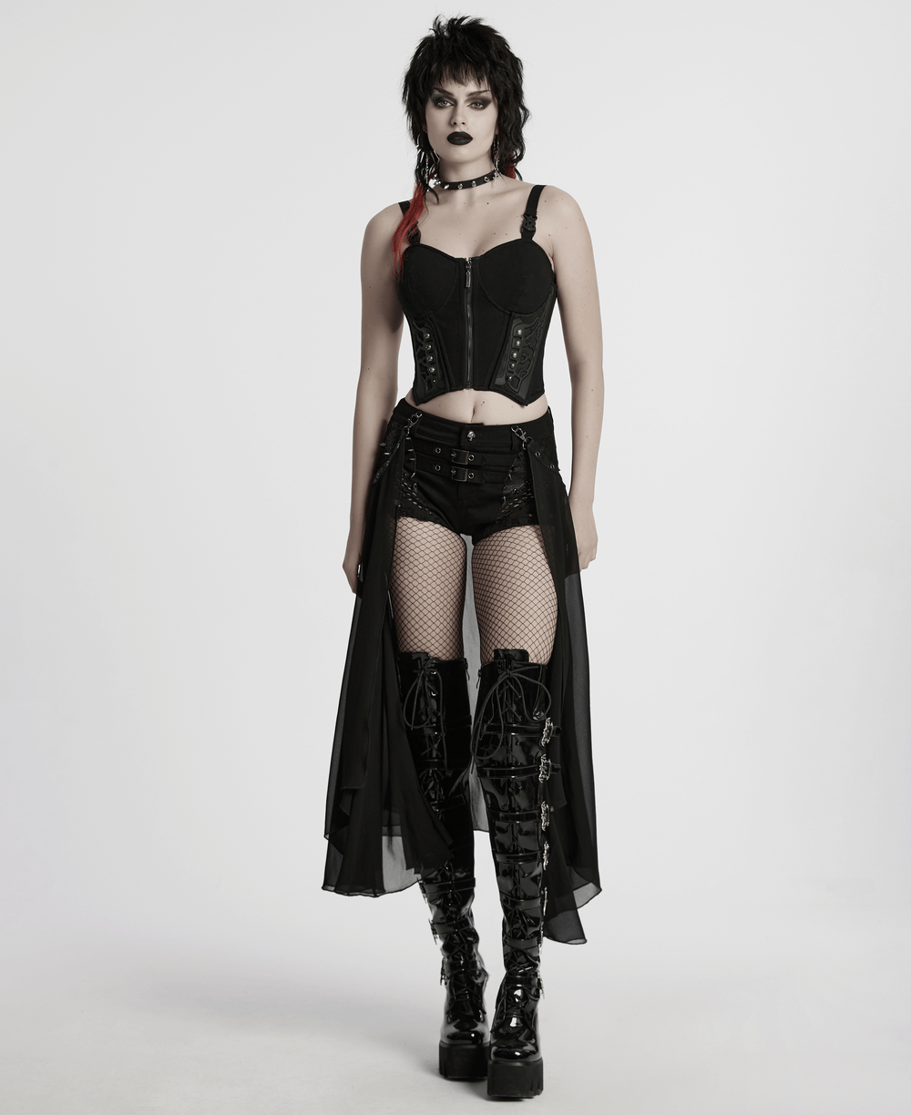 Stylish gothic shorts with detachable chiffon cape, paired with fishnet stockings and edgy boots, perfect for alternative fashion.