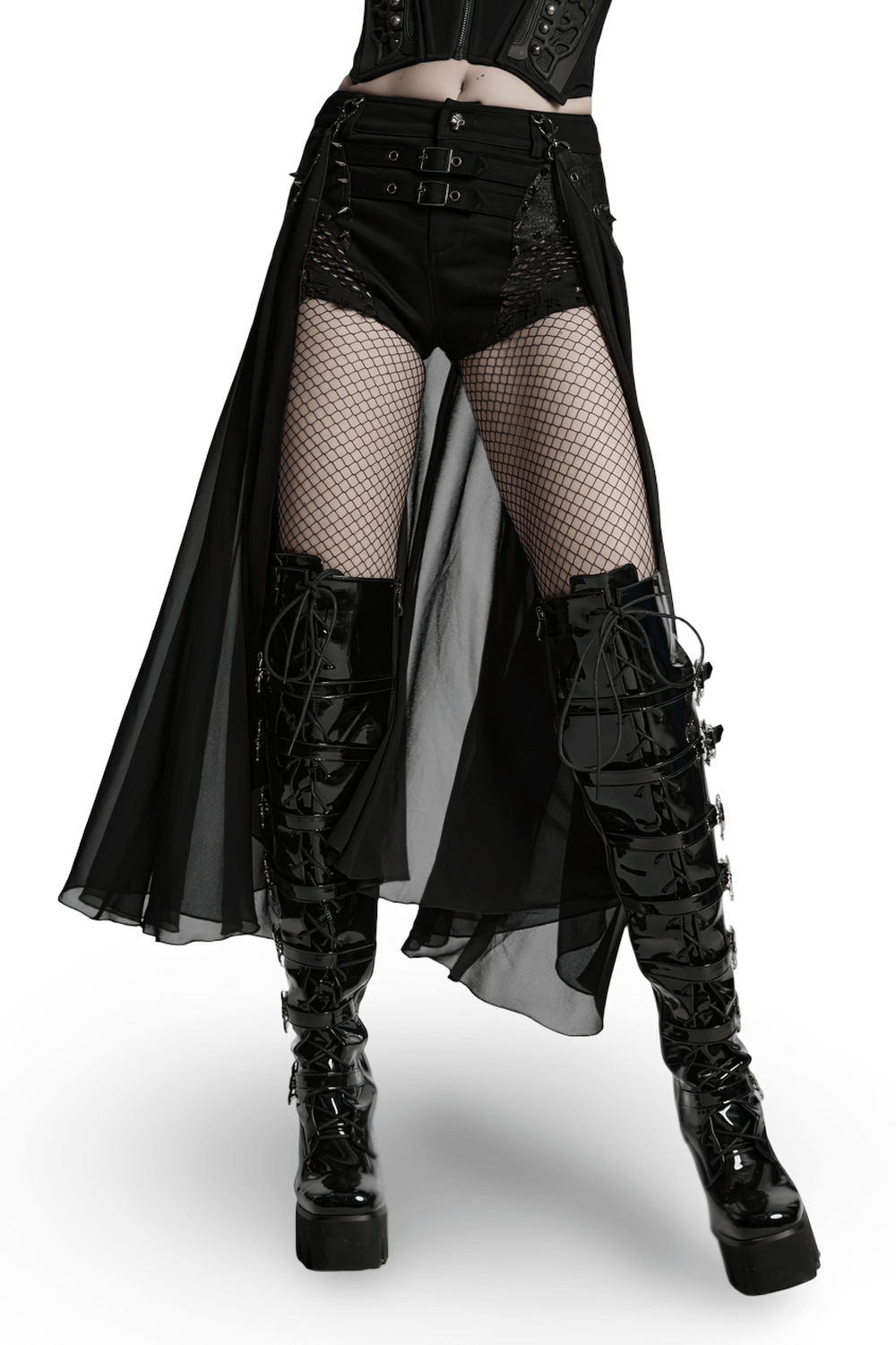 Gothic shorts with detachable chiffon cape and fishnet stockings, paired with stylish thigh-high boots.