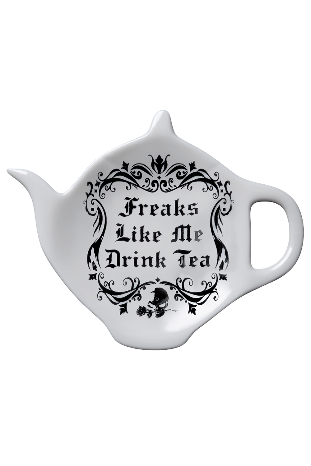 Gothic-style tea spoon stand with 'Freaks Like Me Drink Tea' inscription, perfect for alt kitchens and quirky gifts.