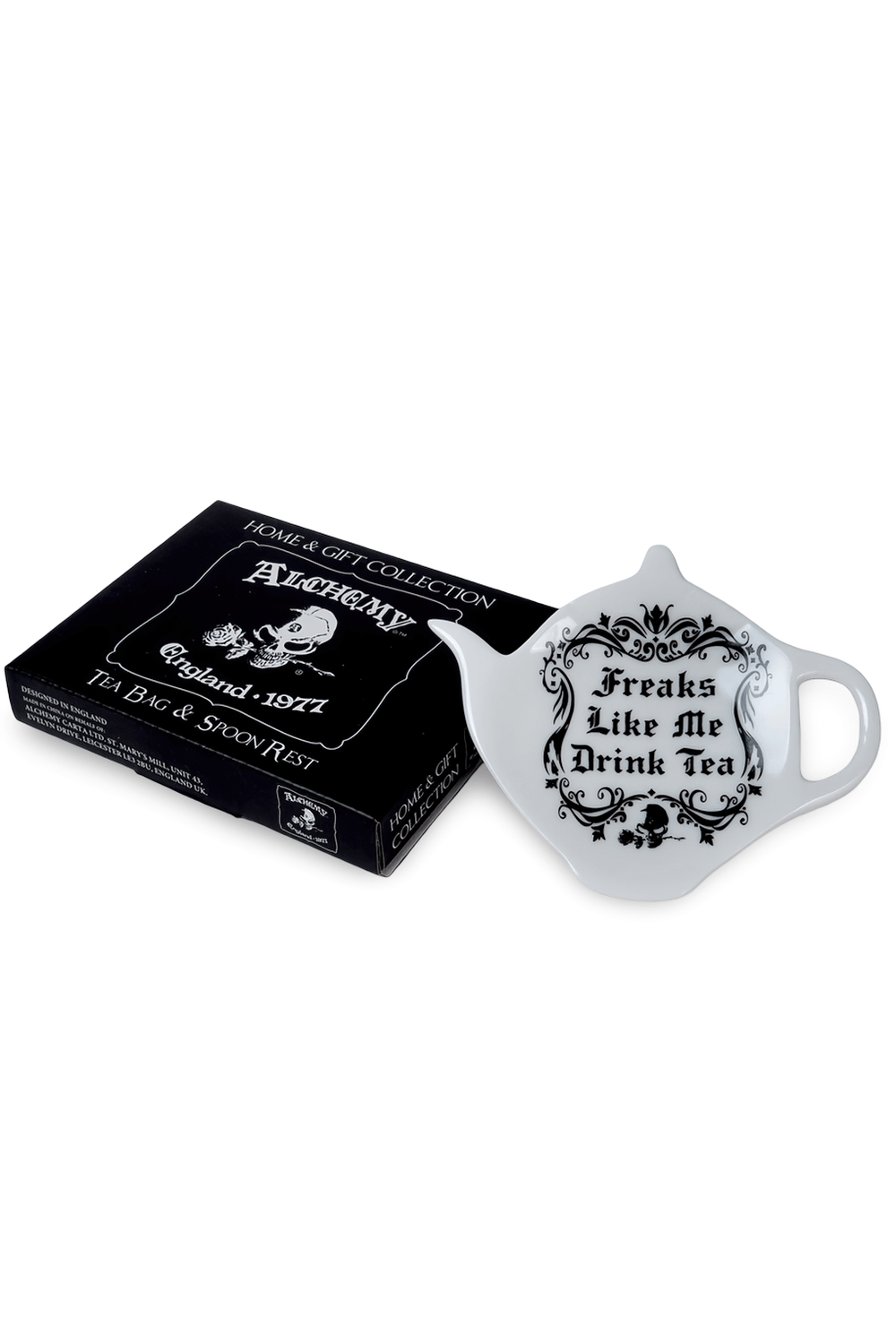 Gothic-style tea spoon stand with 'Freaks Like Me Drink Tea' inscription, perfect for alt kitchens.