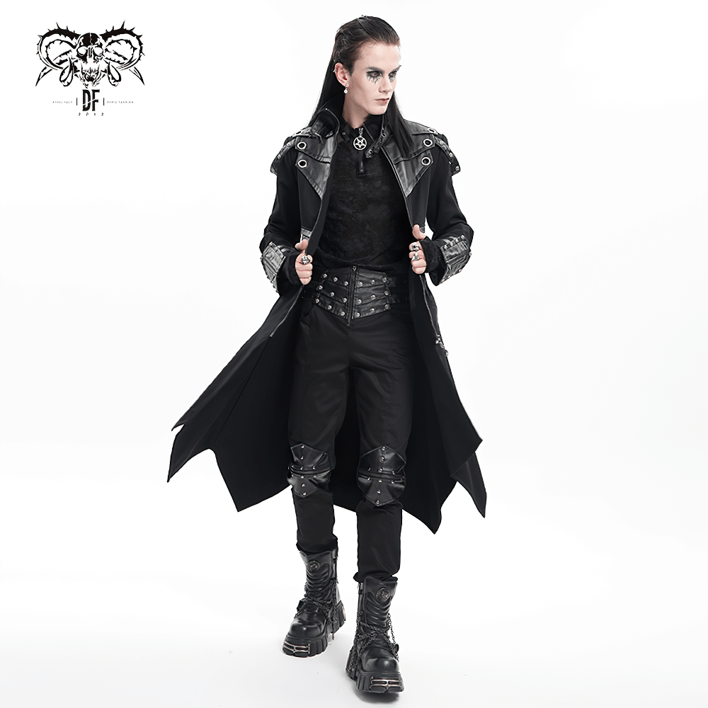 Men's stylish gothic trench coat featuring synthetic leather panels and decorative metal hardware.