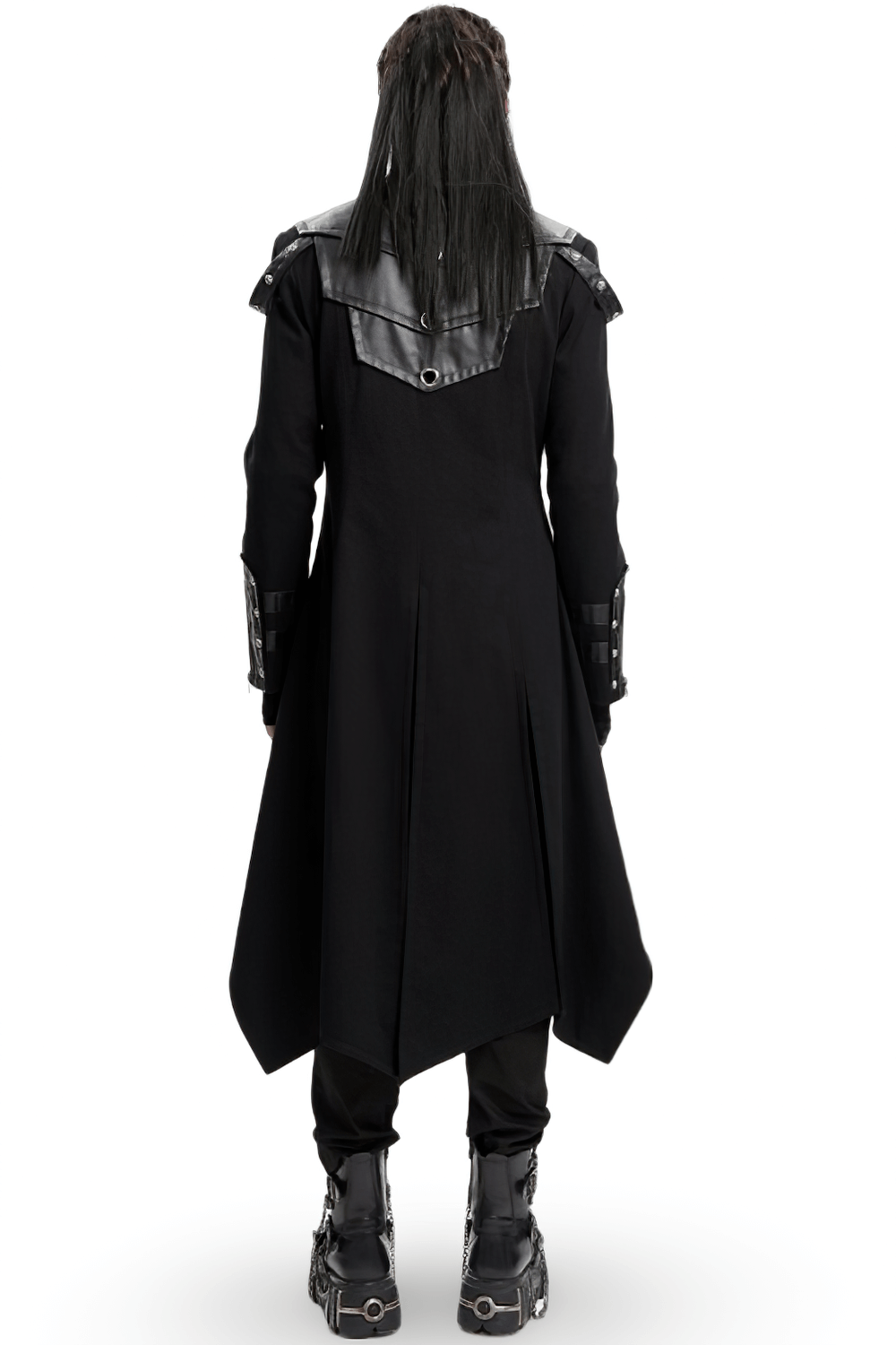 Back view of men's stylish gothic trench coat featuring synthetic leather panels and a high collar.