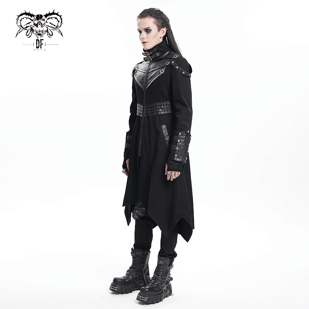 Stylish gothic trench coat with synthetic leather panels, high collar, and metal hardware for bold fashion.