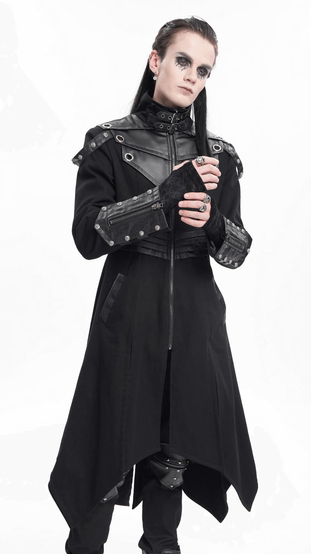 Model wearing a stylish gothic trench coat with synthetic leather panels and intricate detailing.