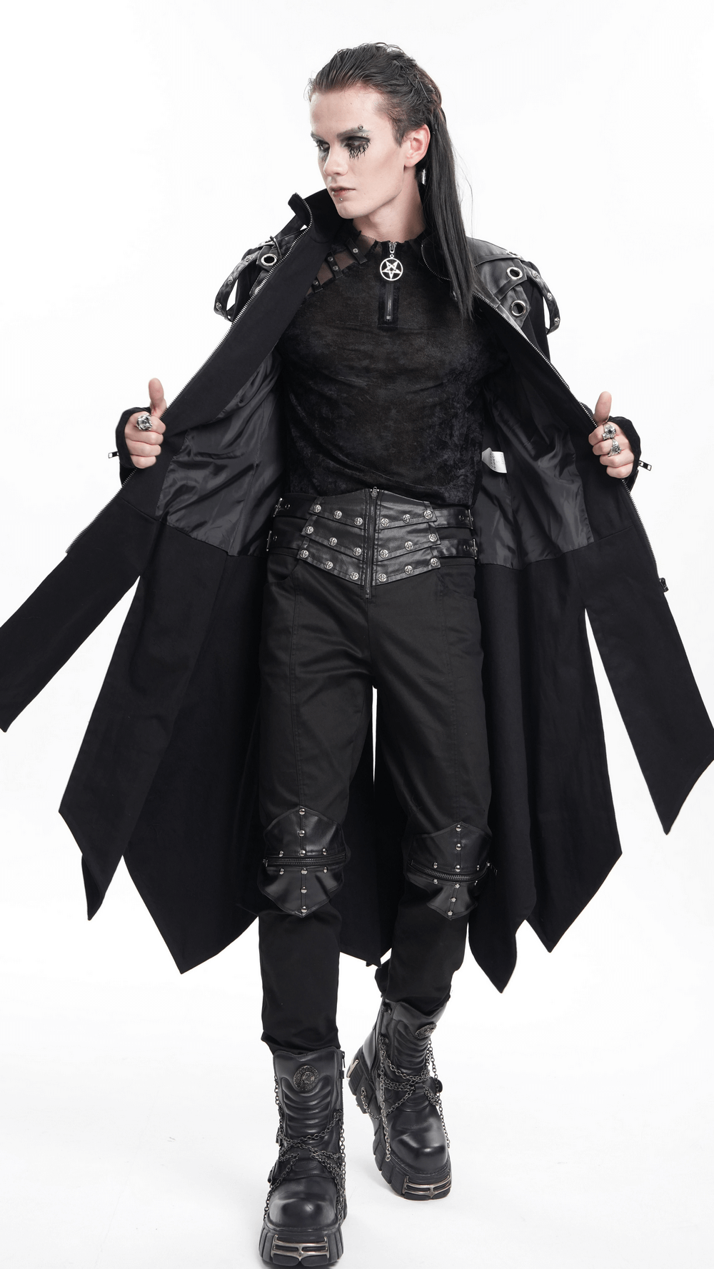 Men wearing a stylish gothic trench coat with synthetic leather panels and metal accents, showcasing bold fashion.