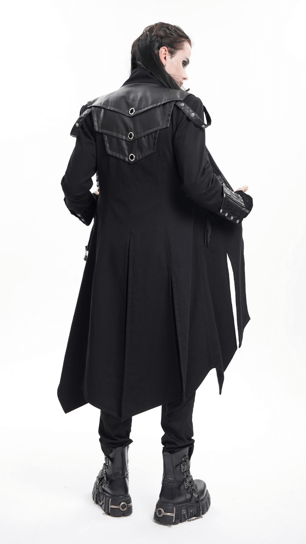 Men's gothic trench coat with synthetic leather panels and high collar, showcasing a stylish asymmetrical design.