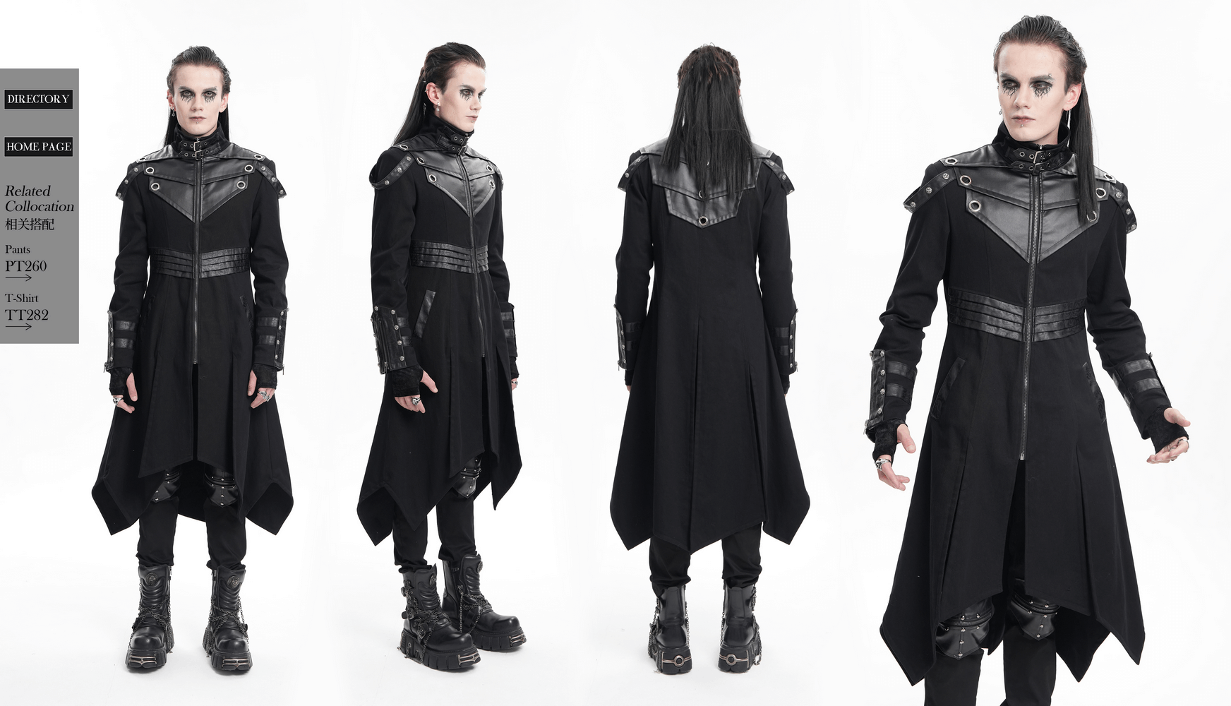 Men's stylish gothic trench coat with synthetic leather panels and asymmetrical hem, perfect for cosplay and streetwear.