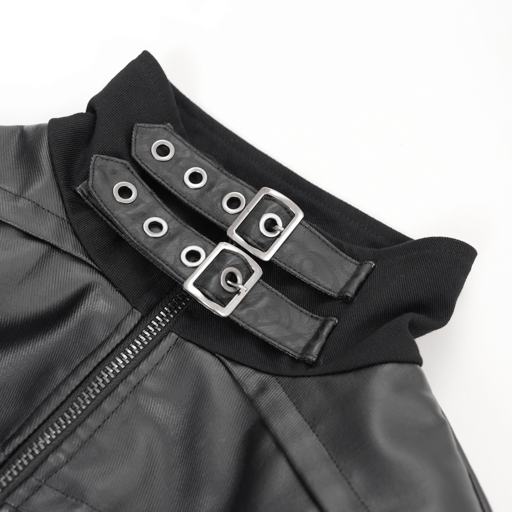 Close-up of the high collar and decorative rivets on a stylish gothic trench coat.