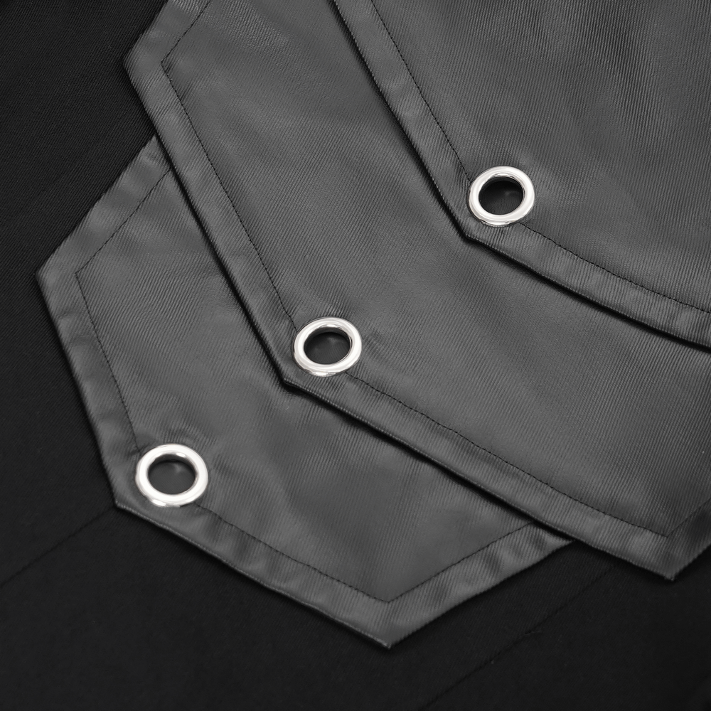 Close-up of stylish synthetic leather panels with decorative metal grommets on a gothic trench coat.