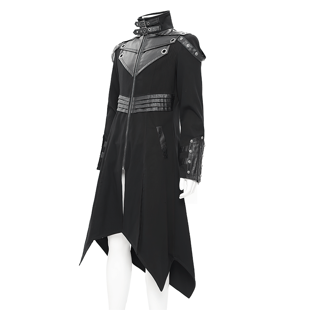 Stylish Gothic trench coat featuring synthetic leather panels and asymmetrical hem, perfect for bold fashion lovers.