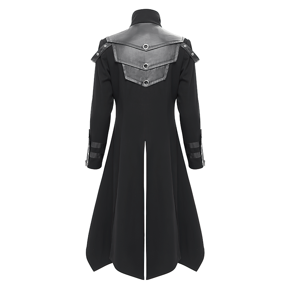 Back view of a stylish gothic trench coat with synthetic leather panels and intricate metal hardware.