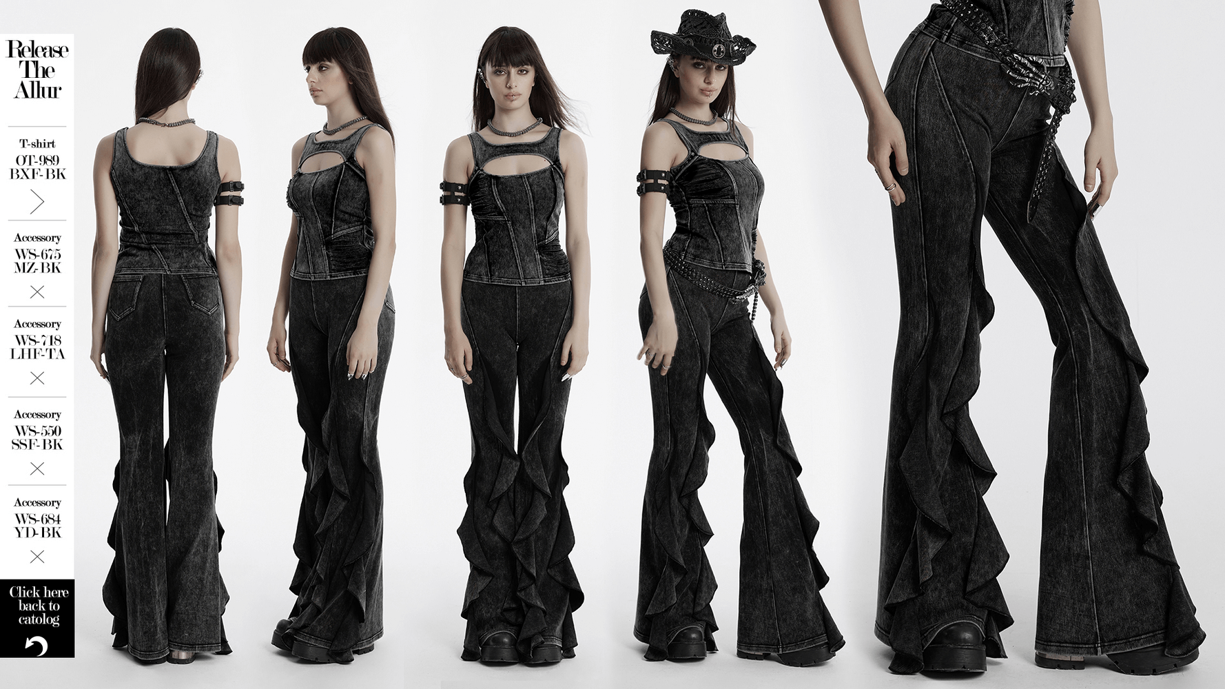 Stylish Gothic washed flared pants featuring ruffled edges, ideal for a bold vintage-inspired look. Perfect for edgy fashion lovers.
