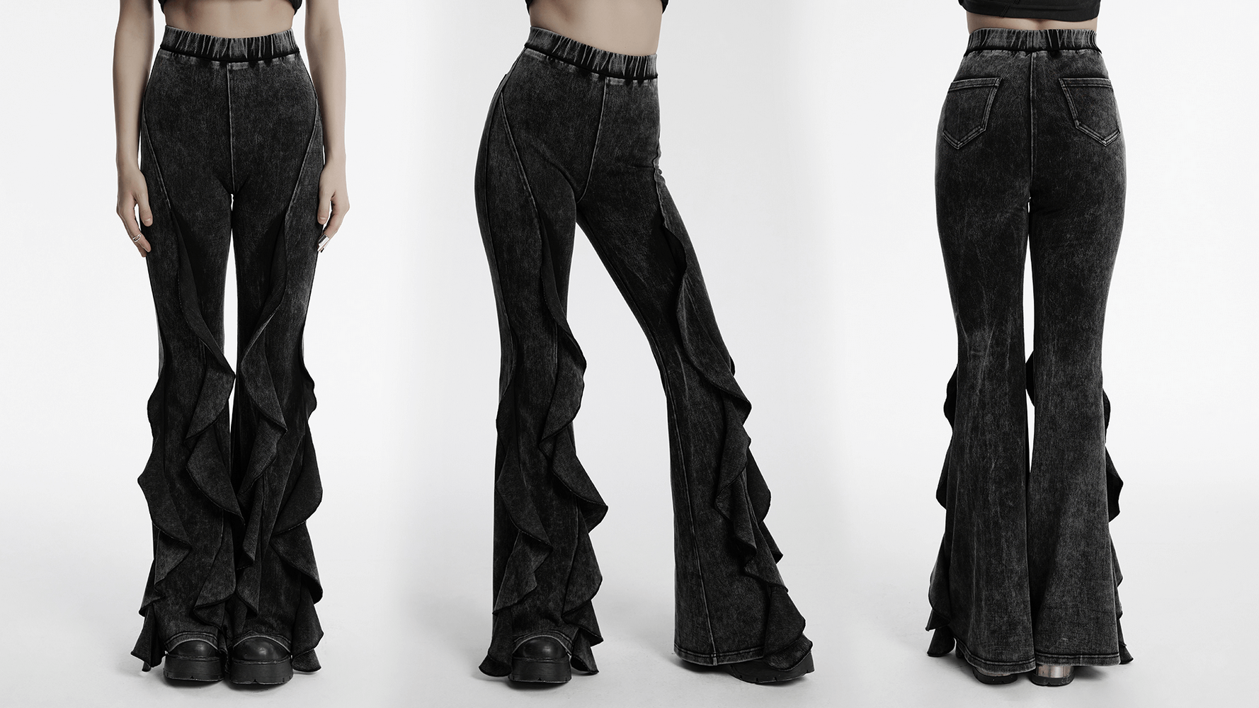 Stylish Gothic flared pants with ruffled edges and a retro design for women, perfect for an edgy vintage look.
