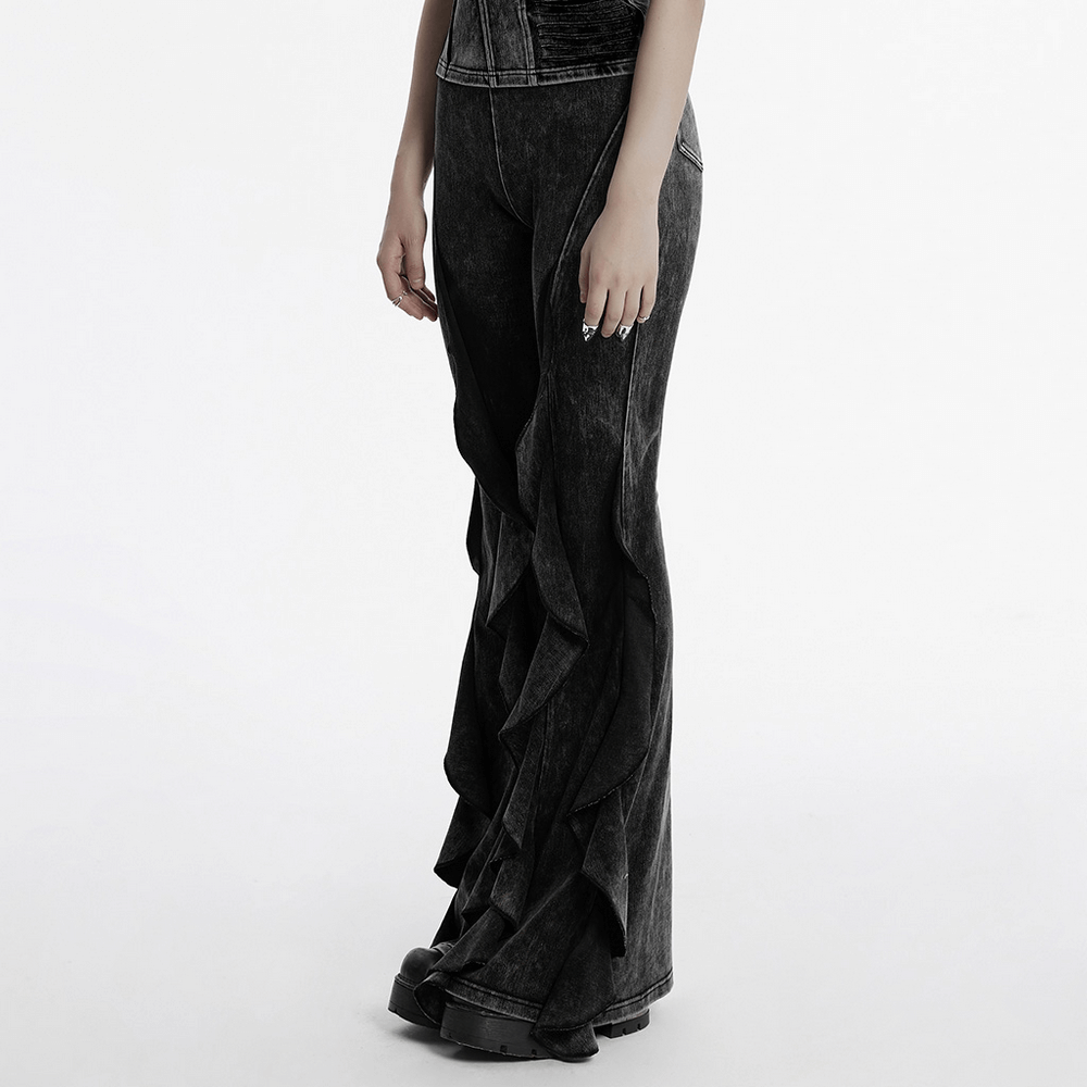 Stylish Gothic washed flared pants with ruffled edges for women, adding drama and an edgy, vintage-inspired look.