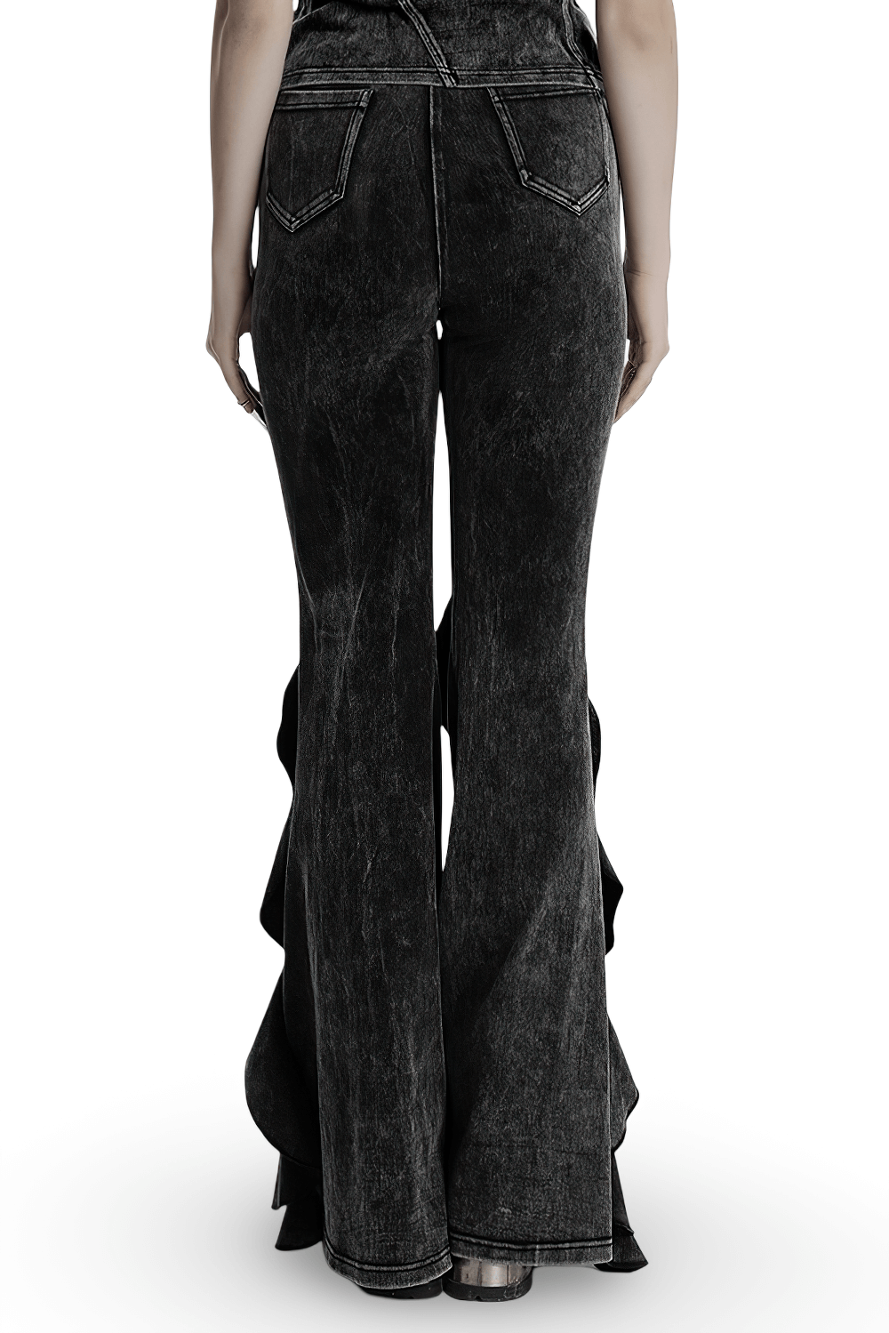 Back view of Stylish Gothic Washed Flared Ruffled Edge Pants for Women, featuring dramatic ruffled hems.
