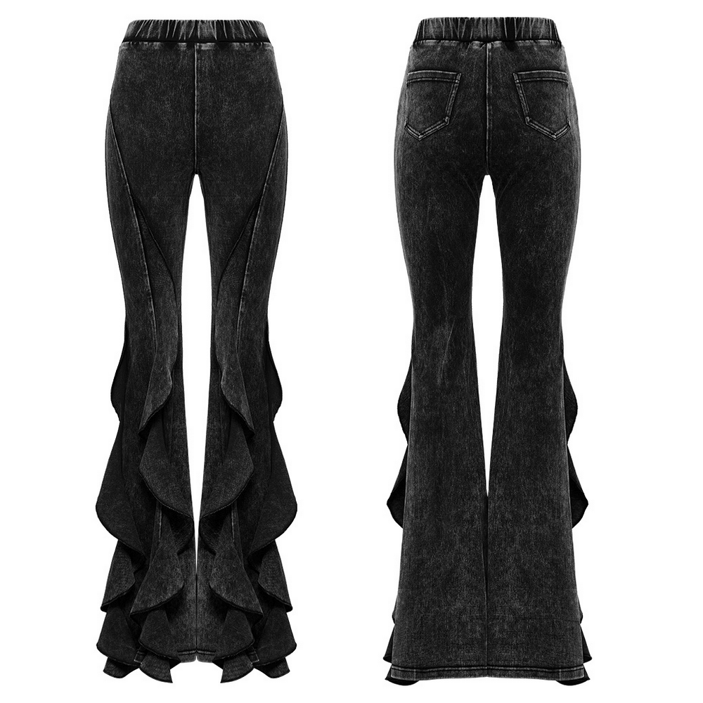 Stylish Gothic washed flared pants with ruffled edges, featuring a bold fish-tail design for a vintage-inspired look.