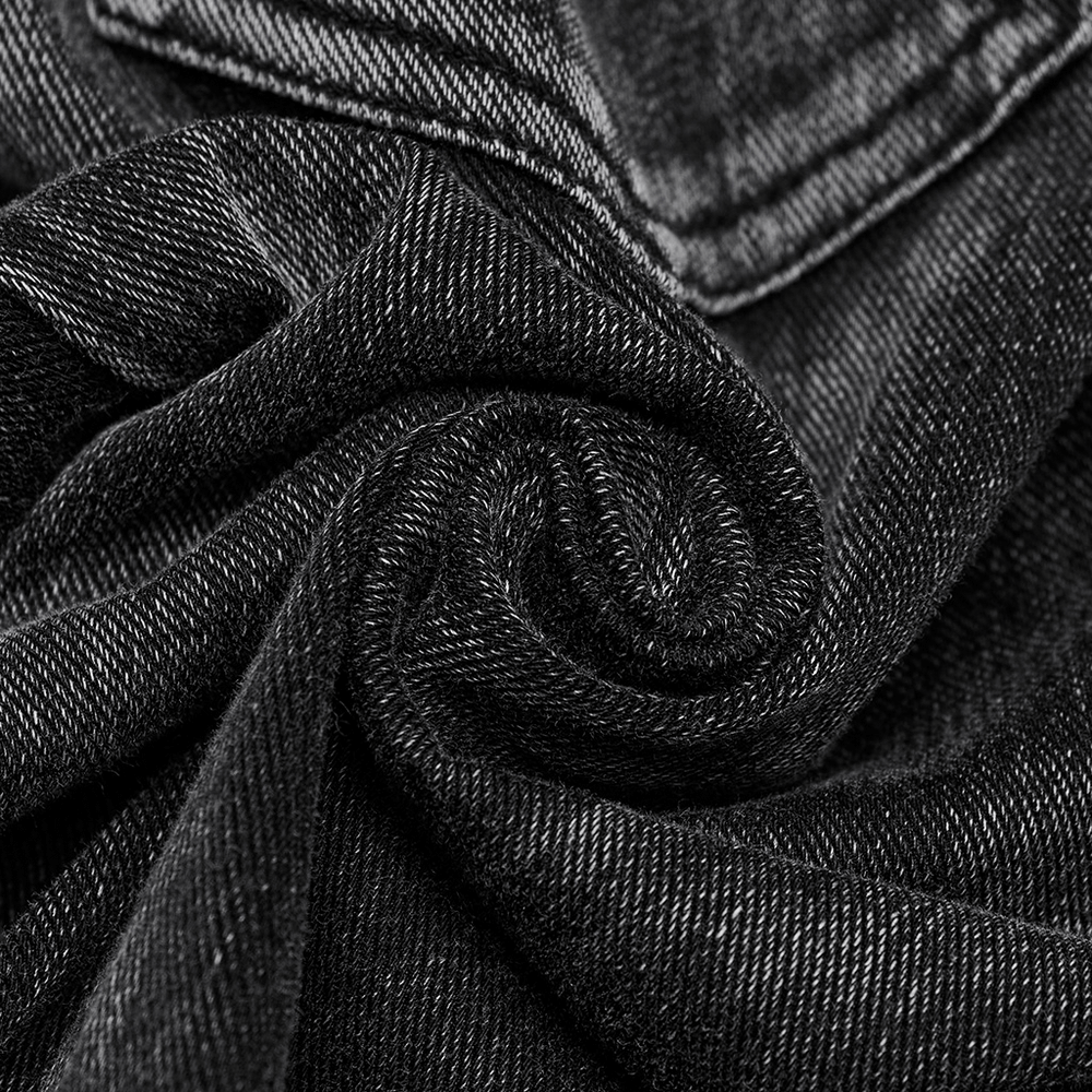 Close-up of stylish gothic washed flared pants fabric, showcasing micro-elastic knit and ruffled edges for an edgy look.