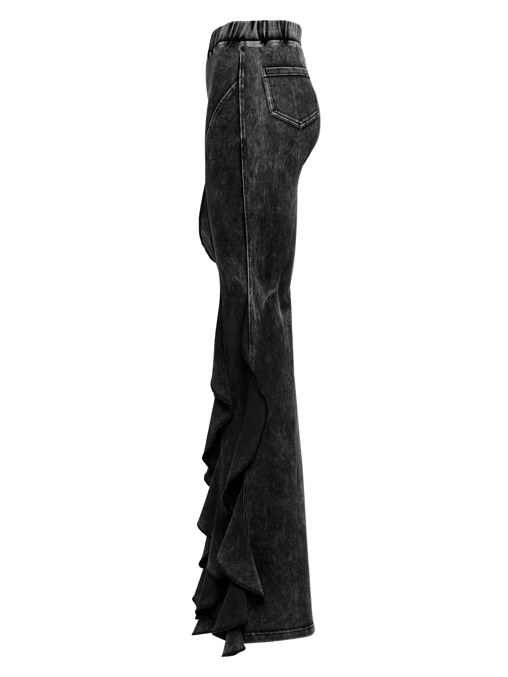 Stylish Gothic washed flared pants with ruffled edges, featuring a retro fish-tail design and a dramatic silhouette.