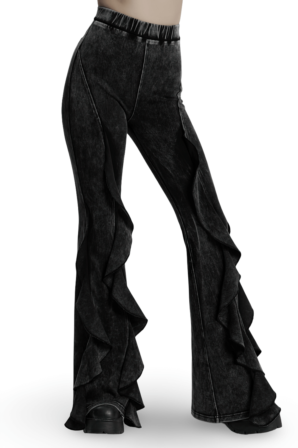 Stylish Gothic flared pants with ruffled edges in black, perfect for an edgy, vintage-inspired look.