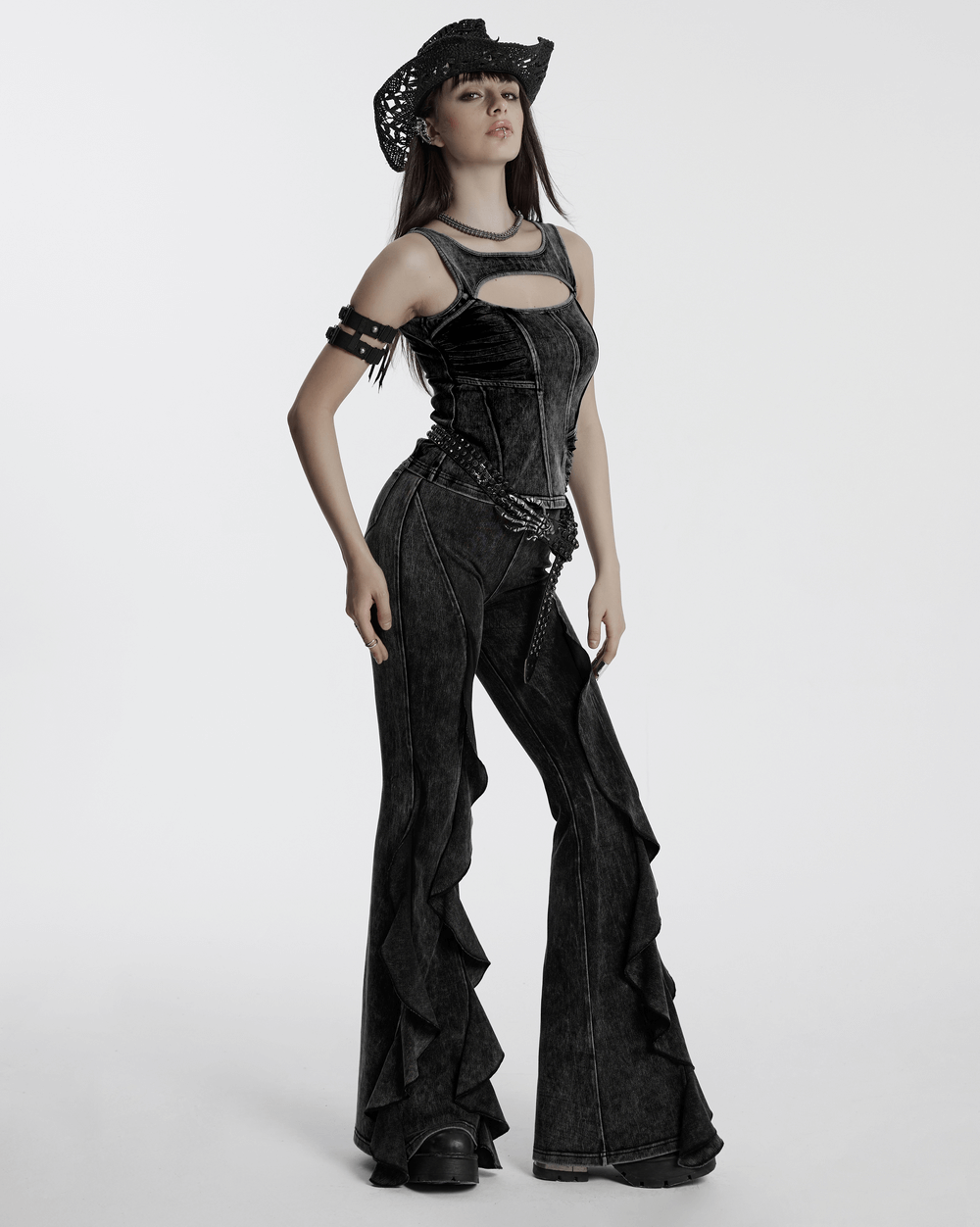 Stylish Gothic flared pants with ruffled edges, perfect for a dramatic vintage-inspired look.
