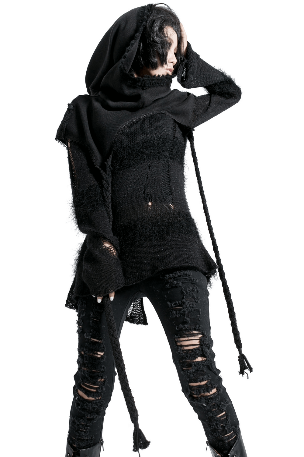 Stylish gothic wool hooded wrap cape for women, featuring a dramatic hood and punk rave aesthetic, perfect for versatile looks.