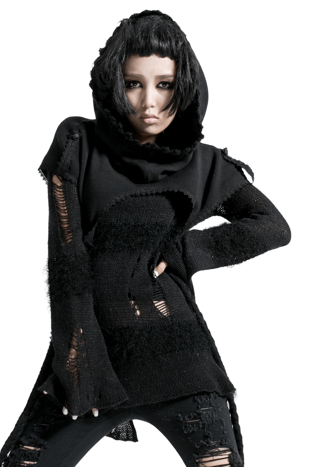 Stylish gothic black hooded cape with distressed details, perfect for punk rave aesthetics.