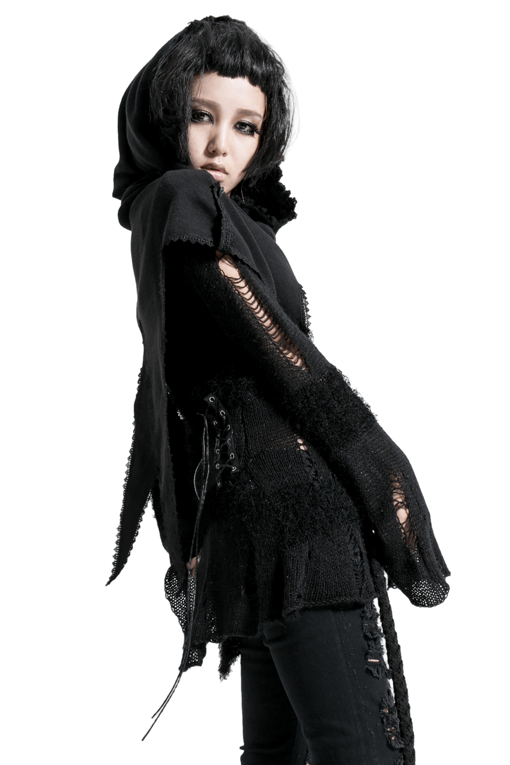 Stylish Gothic wool hooded wrap cape for women with a dramatic design, adding punk rave flair to any outfit.
