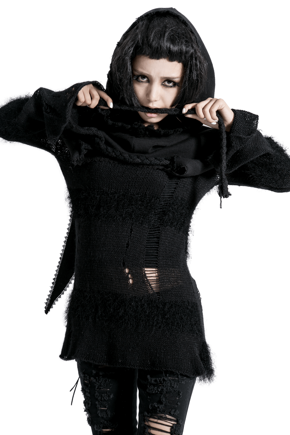 Stylish Gothic black knitted wool hooded wrap cape for women, perfect for punk rave aesthetics.