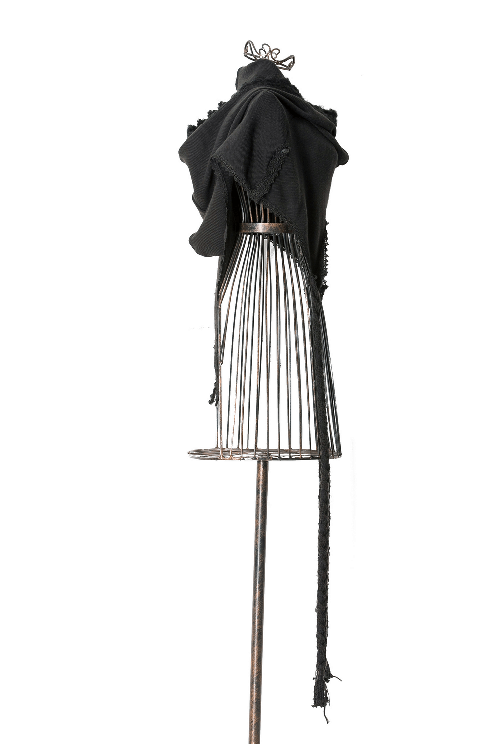 Stylish Gothic black wool hooded wrap cape displayed on a dress form, perfect for punk rave fashion.